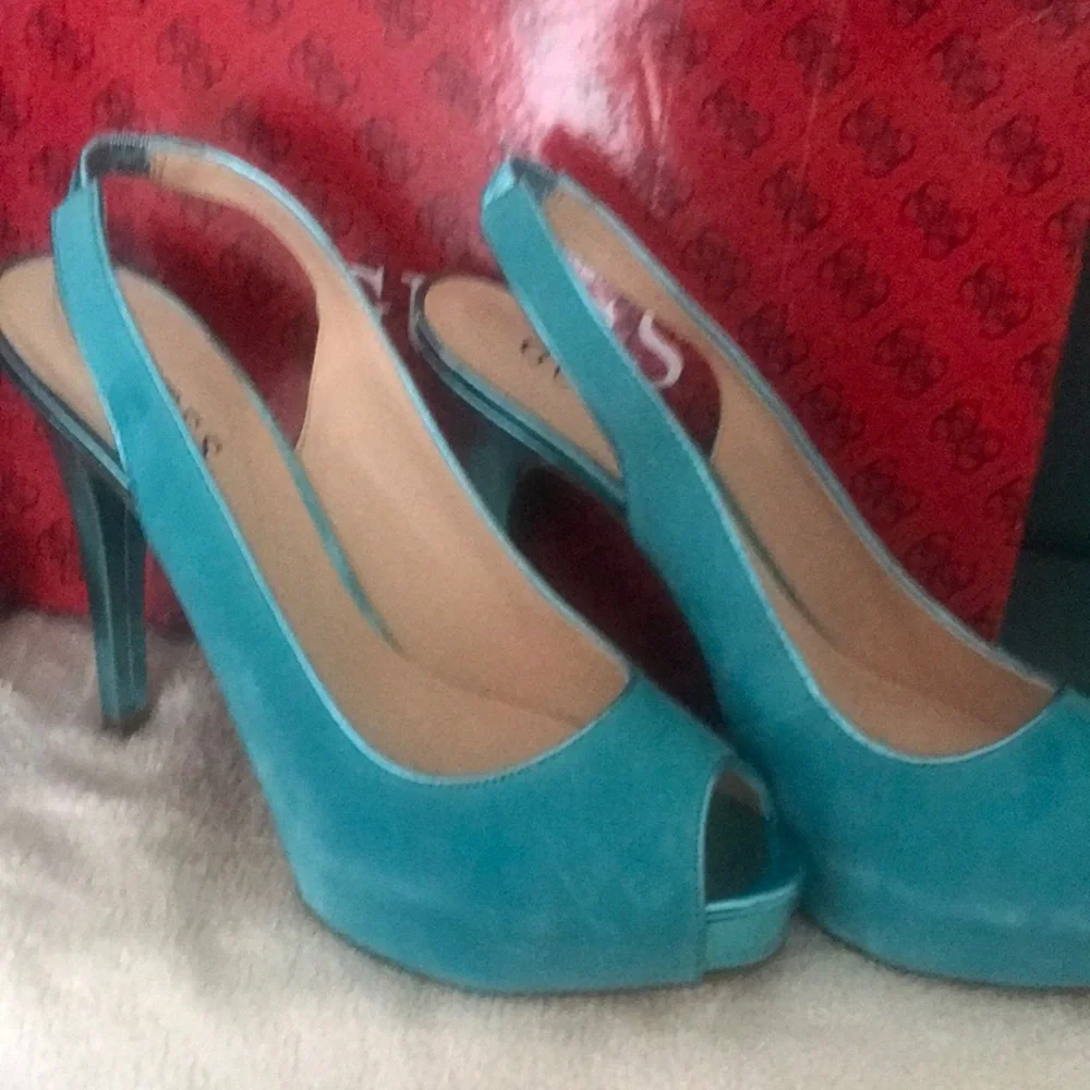 GUESS Turquoise Peep-Toe Slingback Platform Heels
